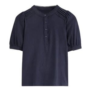 Boden Navy Blue Pintuck Puff Sleeve Scalloped Crochet Trimmed Henley Top - 4
